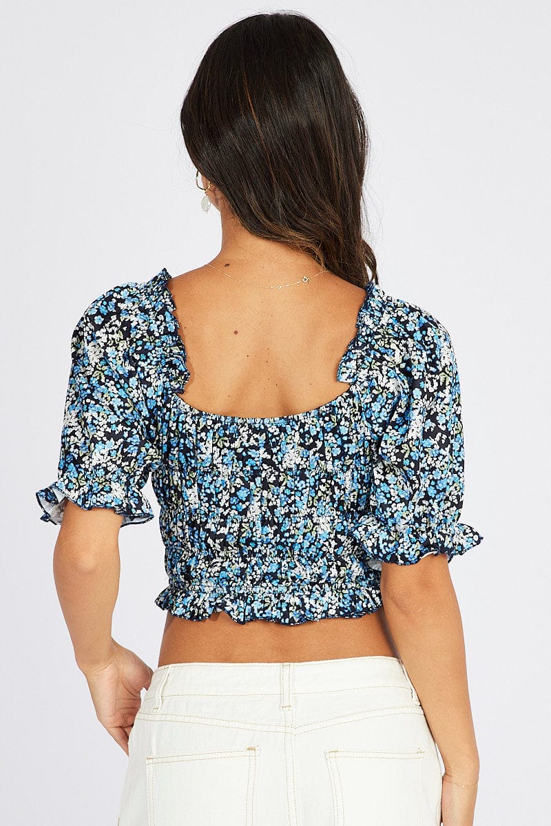 Blue Ditsy Crop Top Short Sleeve Satin