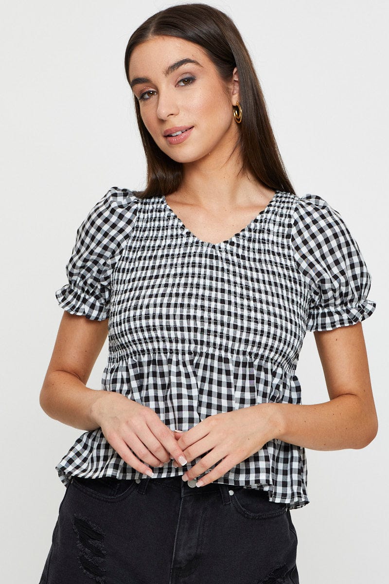 Check Puff Sleeve Top Short Sleeve
