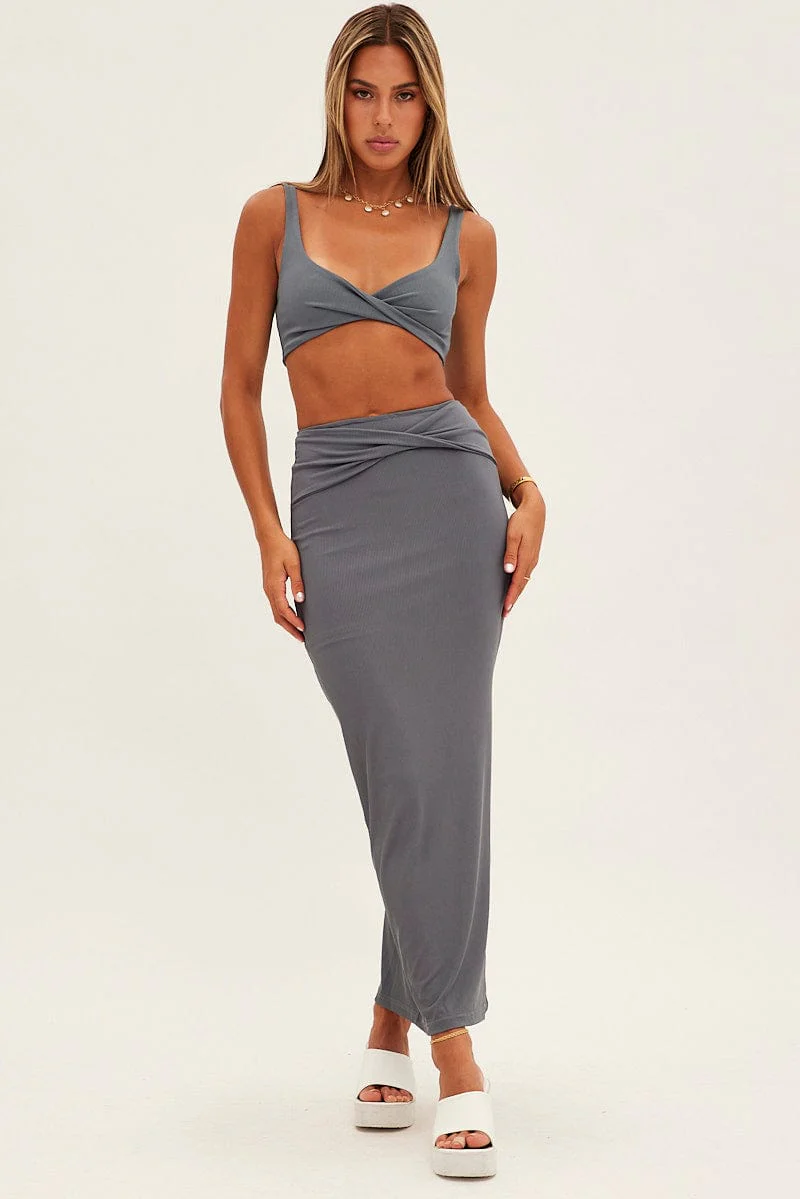 Grey Crop Top Sleeveless Sweetheart Twist Front Rib