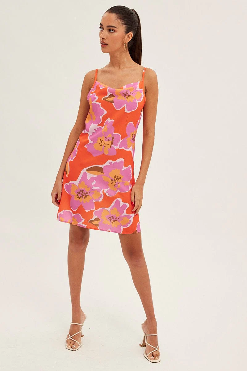 Orange Print Cowl Neck Mini Dress