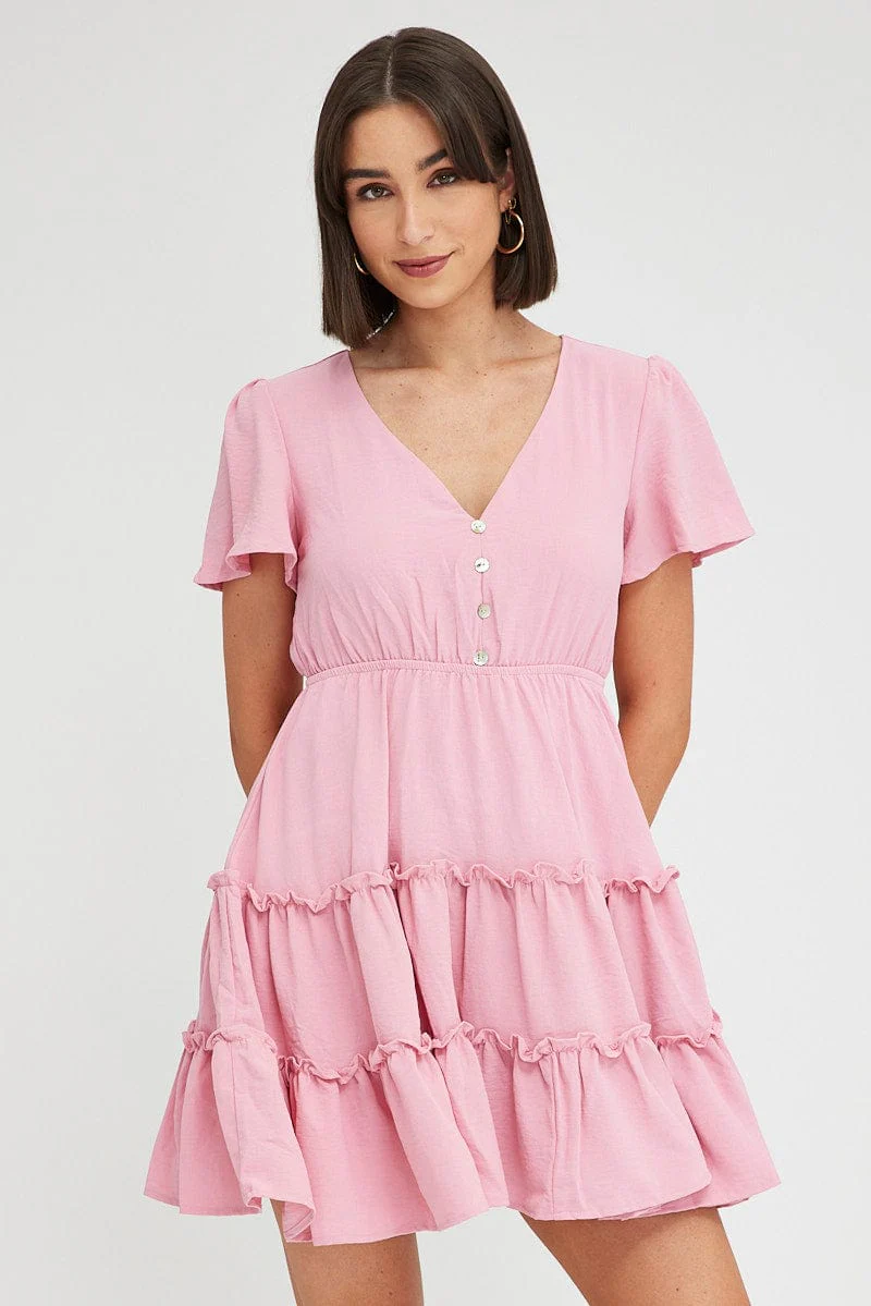Pink Fit And Flare Dress Short Sleeve Mini