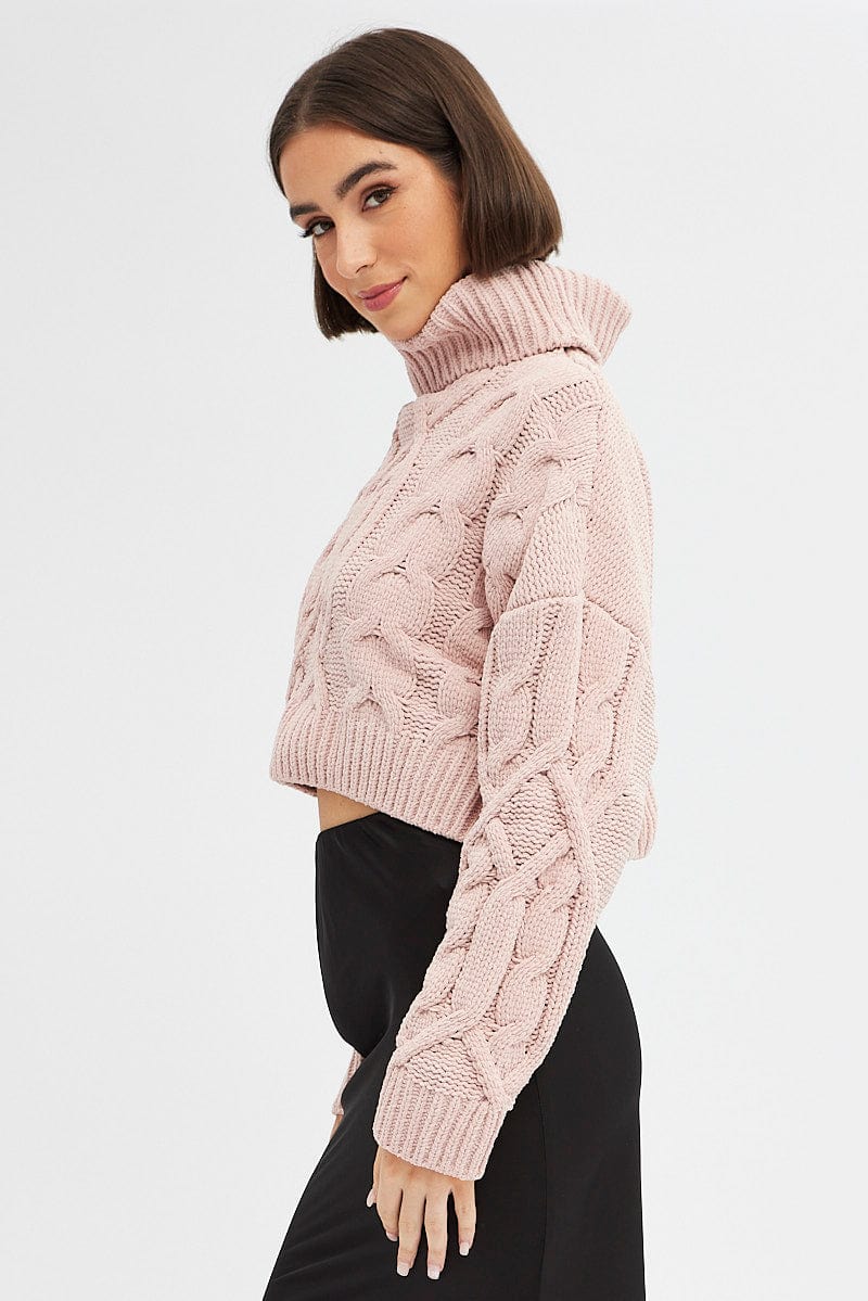 Pink Knit Top Long Sleeve Crop Turtleneck