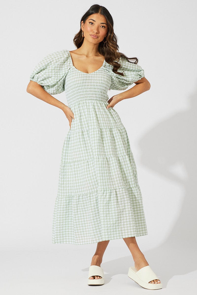 Green Check Midi Dress Short Sleeve Shirred
