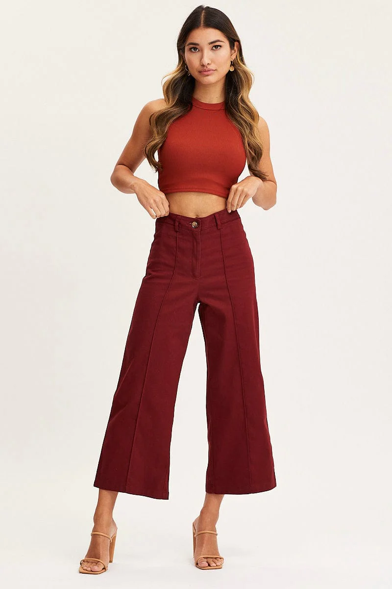 Red Cropped Pants Wide Leg High Waist