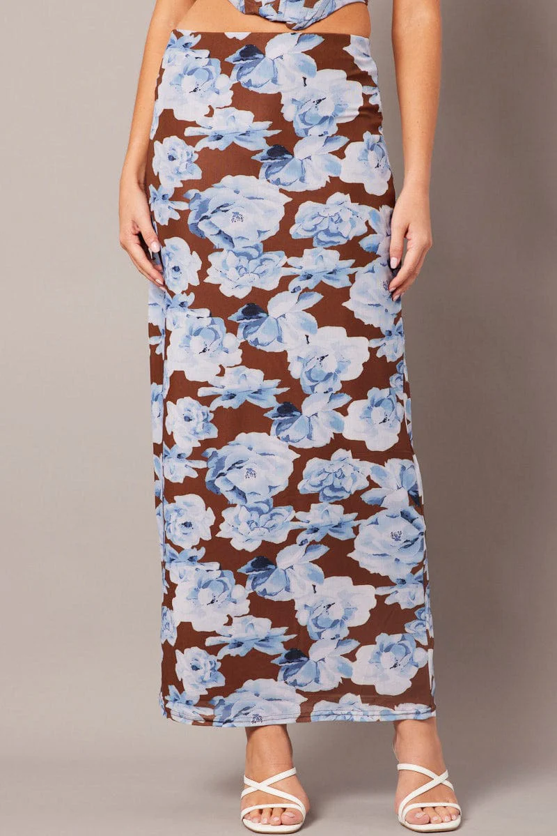 Multi Floral Maxi Skirt High Rise Mesh