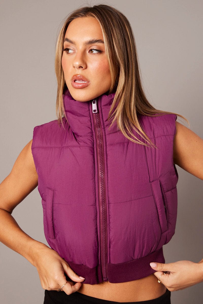 Purple Short Puffer Jacket Sleeveless with Pockets