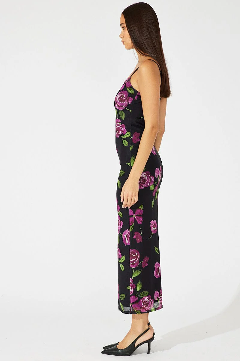 Black Floral Bodycon Maxi Dress Mesh