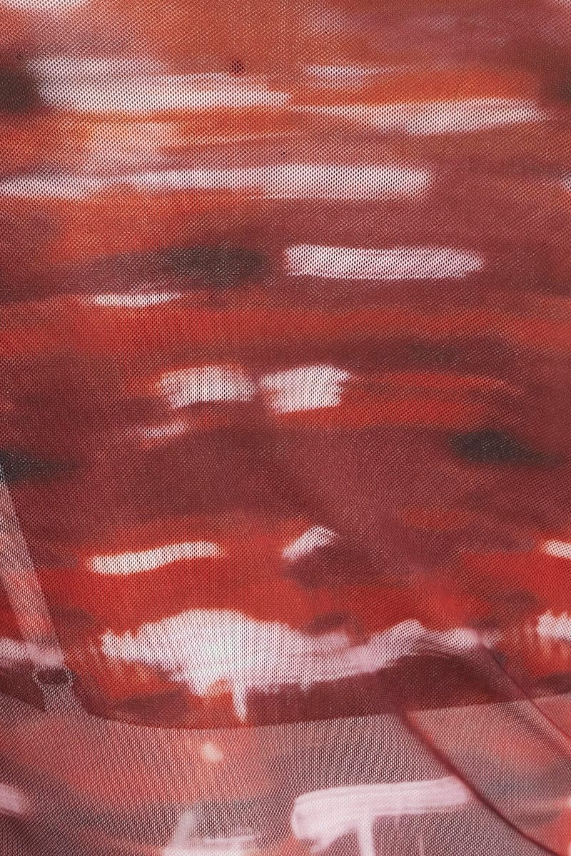 Orange Abstract Top Round Neck Long Sleeve Mesh Abstract Print