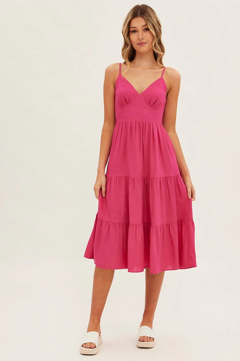 Pink Midi Dress Sleeveless V Neck Tiered Linen Blend