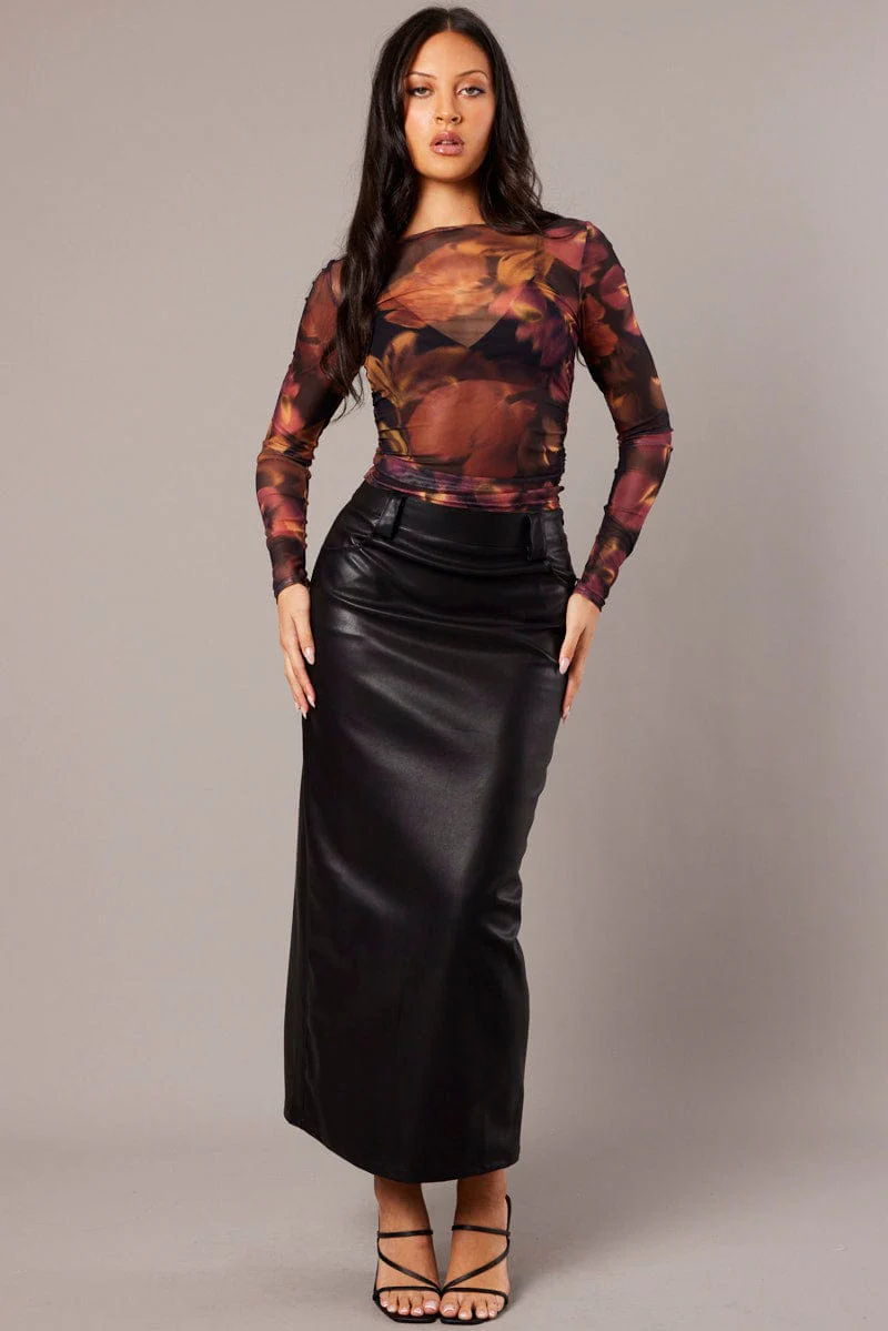 Multi Floral Mesh Top Long Sleeve Side Rushed