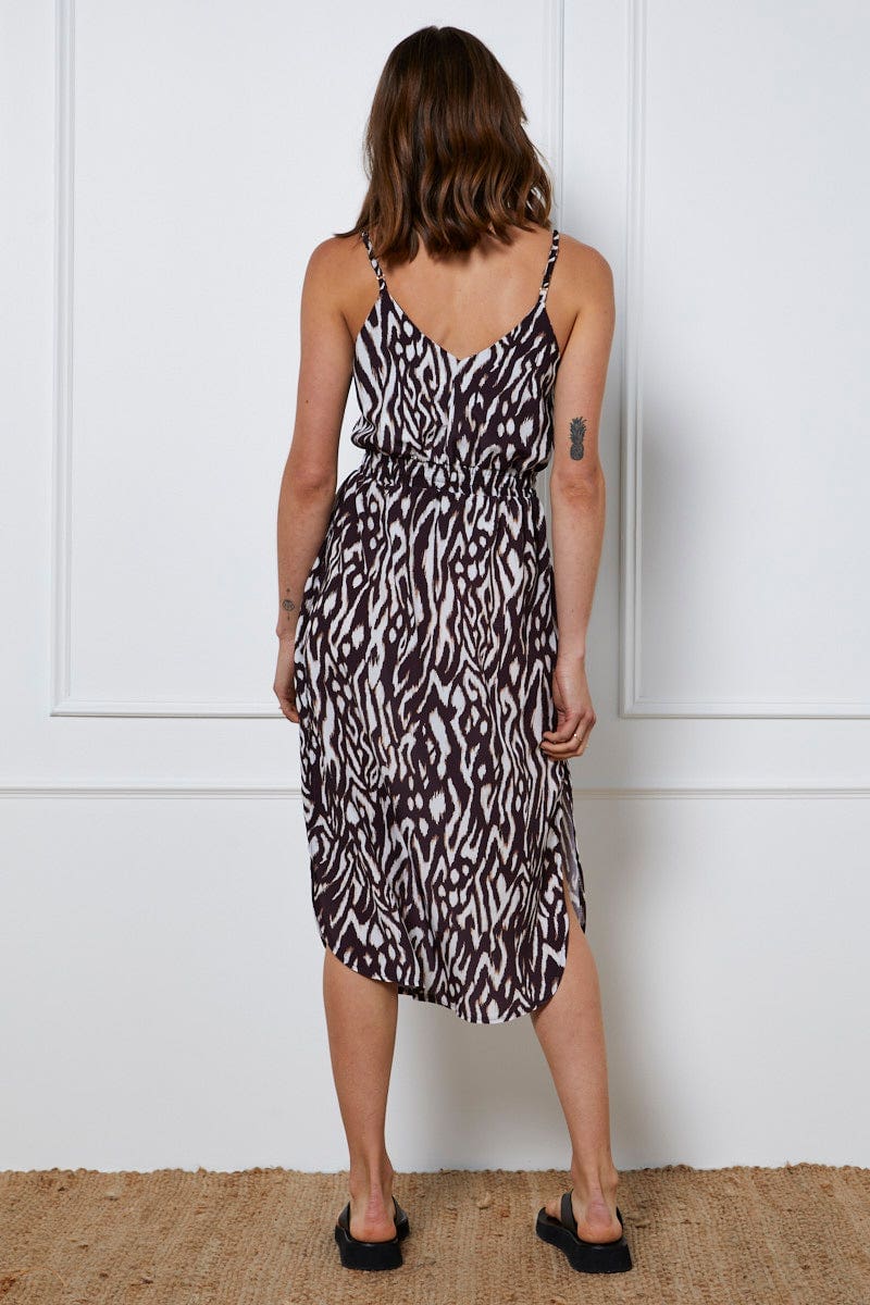 Print A Line Dress Maxi V Neck