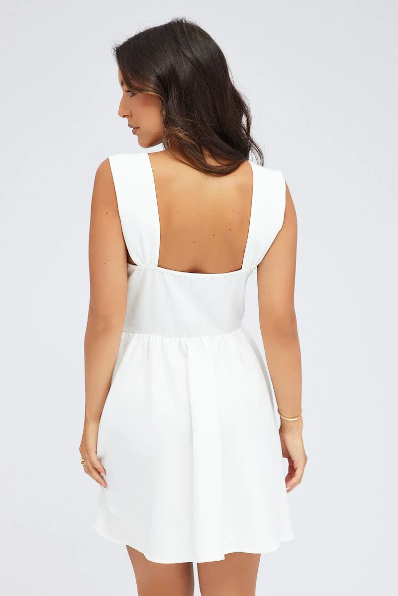 White Corset Mini Dress Gathered Straps Skater