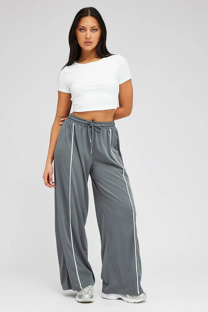 Grey Wide Leg Track Pants Mid Rise