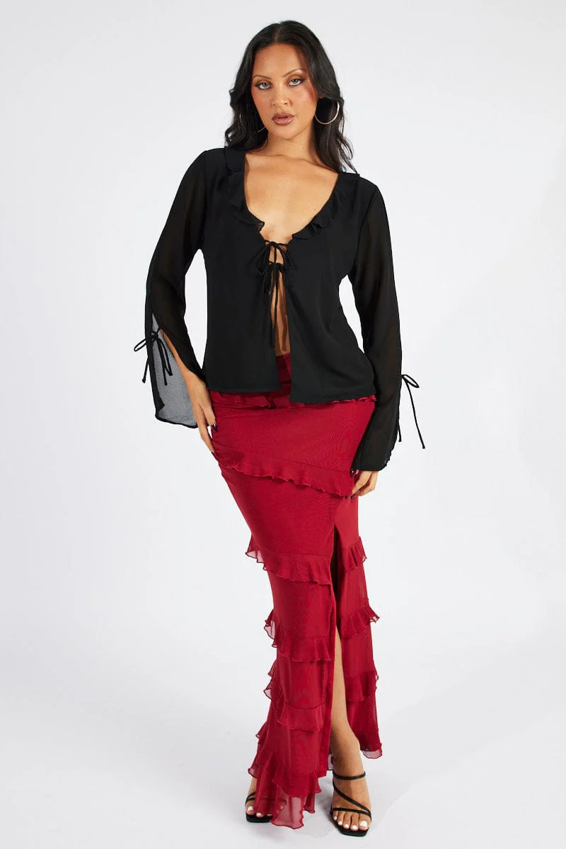 Black Frill Split Top Tie Front Long Sleeve
