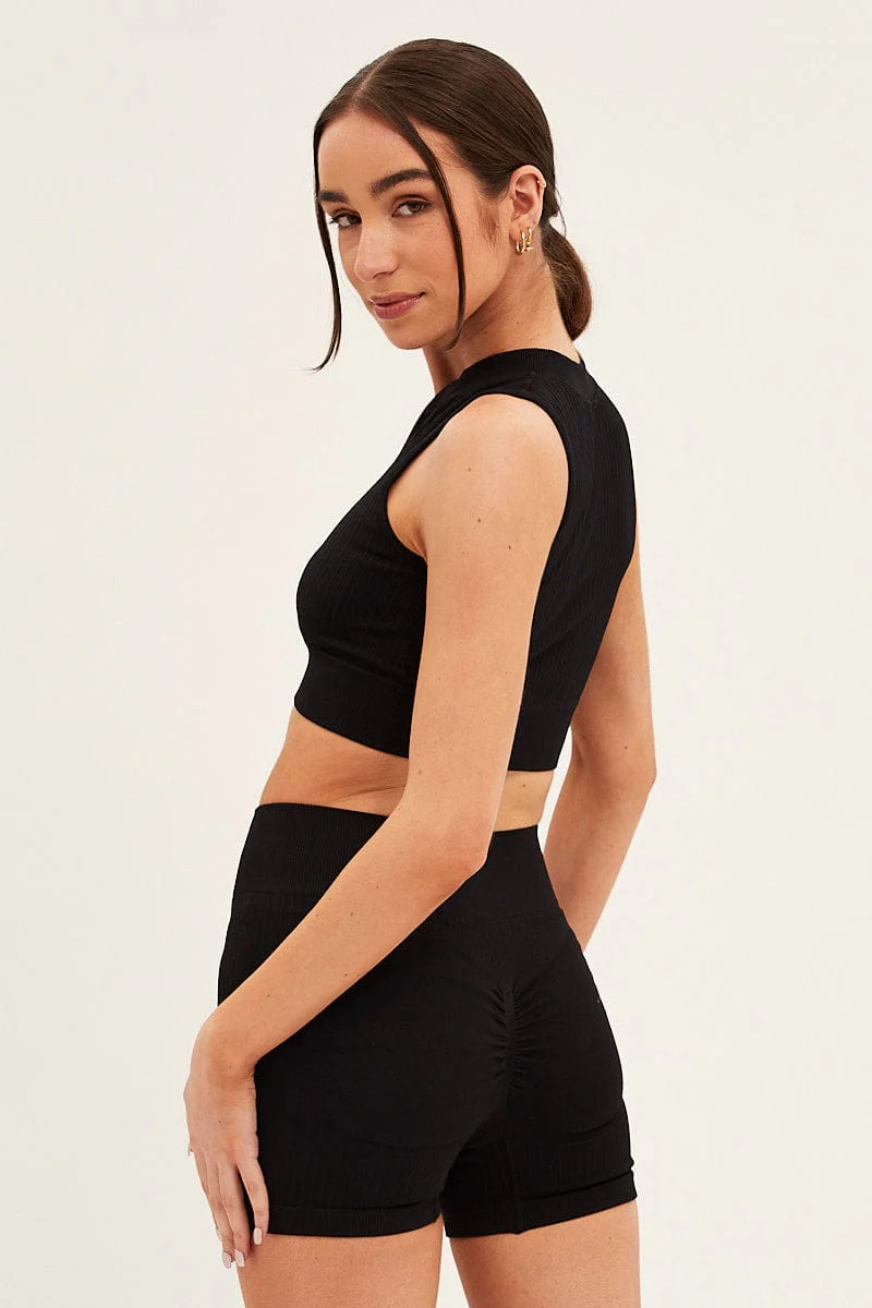 Black Seamless Zip Top And Bike Shorts Activewear Set