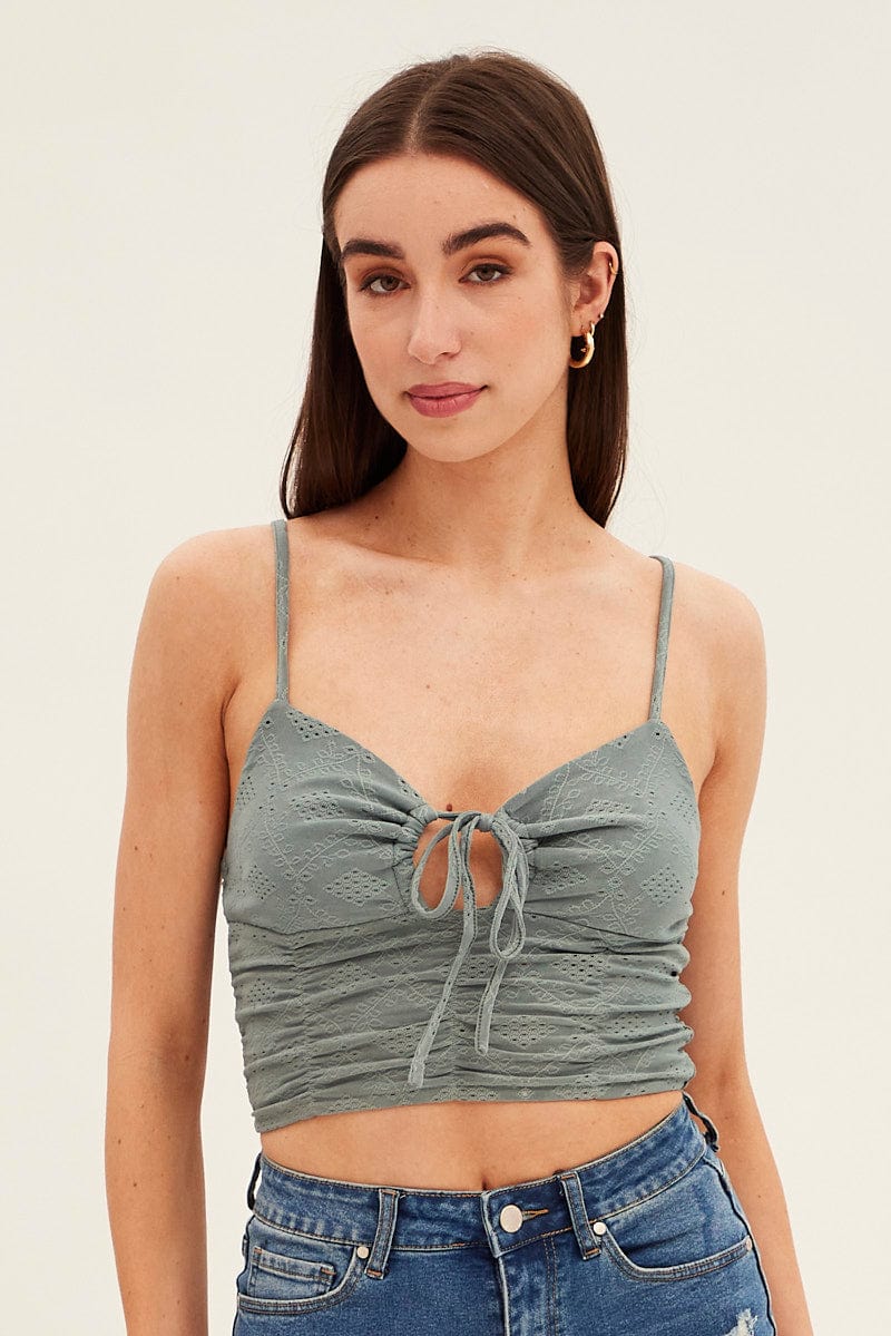 Green Lace Keyhole Rushed Cropped Cami