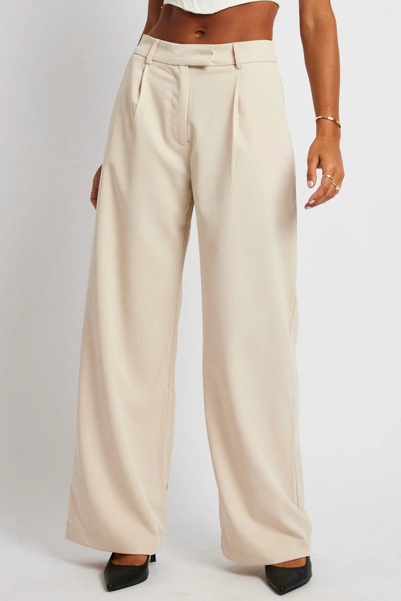 Beige Wide Leg Pants Mid Rise
