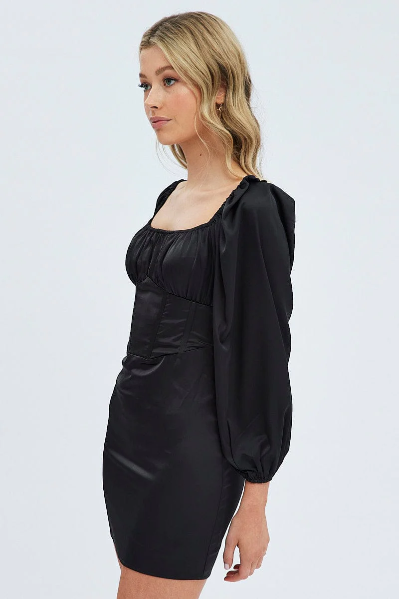 Black Mini Dress Corset Detail Long Sleeve