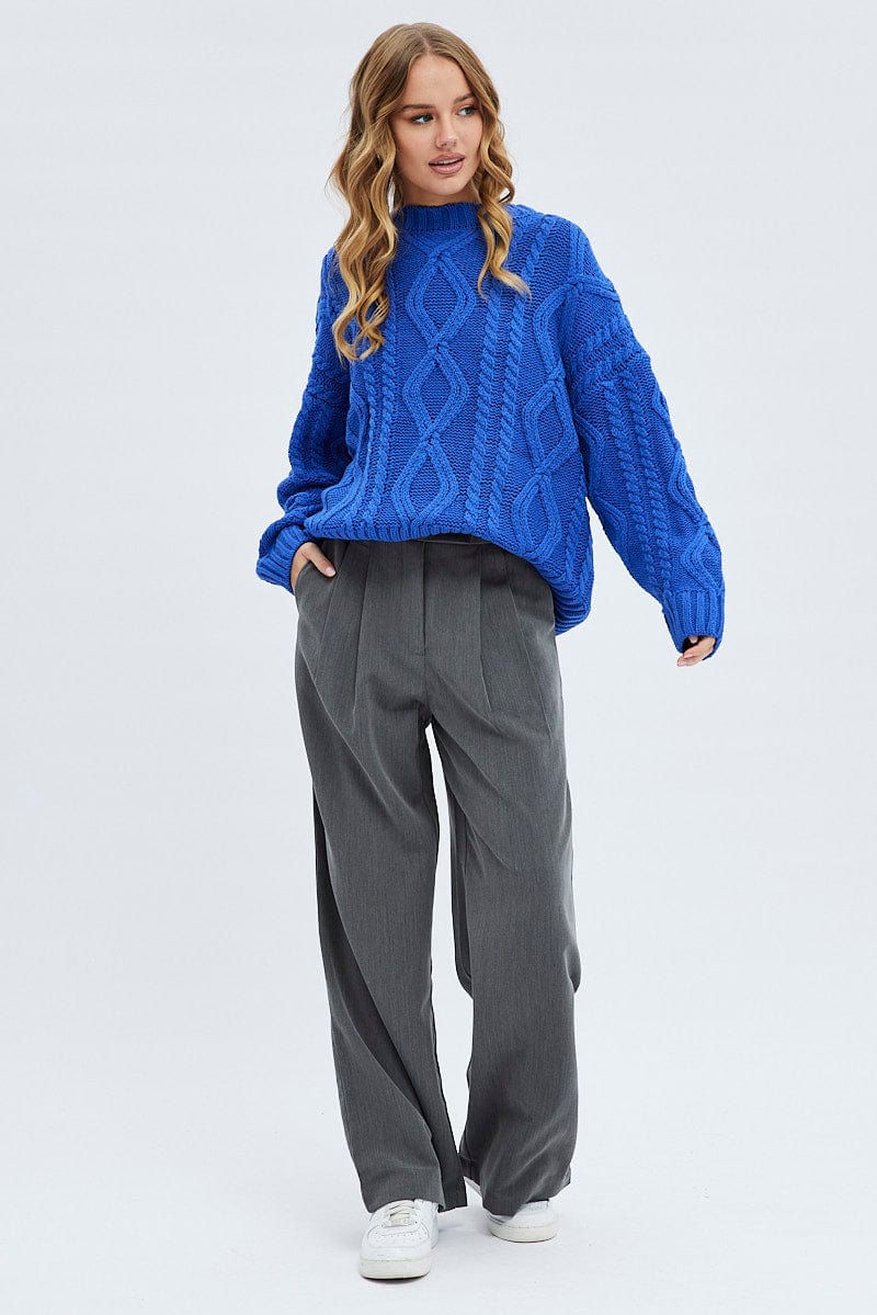Blue Oversized Knit Long Sleeve Cable