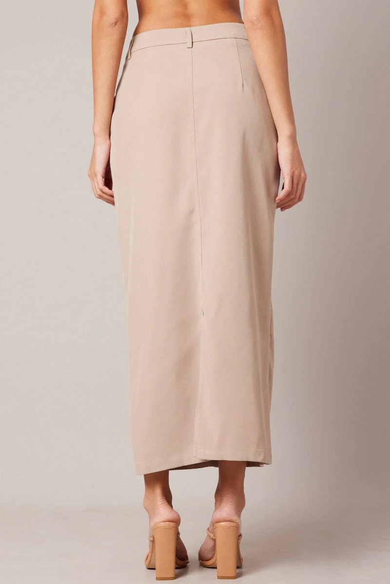 Beige Tailored Maxi Skirt High Rise