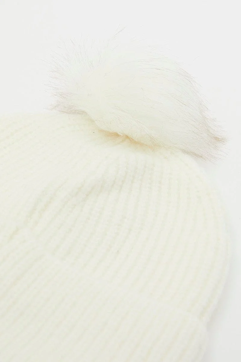 White Faux Fur Pom Pom Beanie