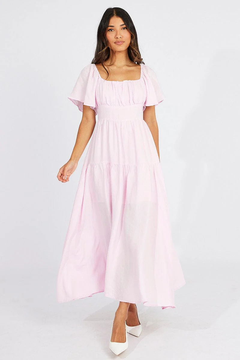 Pink Maxi Dress Square Neck Tiered