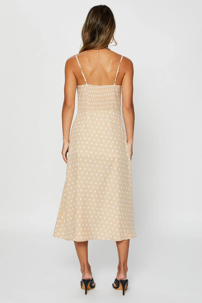 Polka Dot Midi Dress Sleeveless Sweetheart Neckline