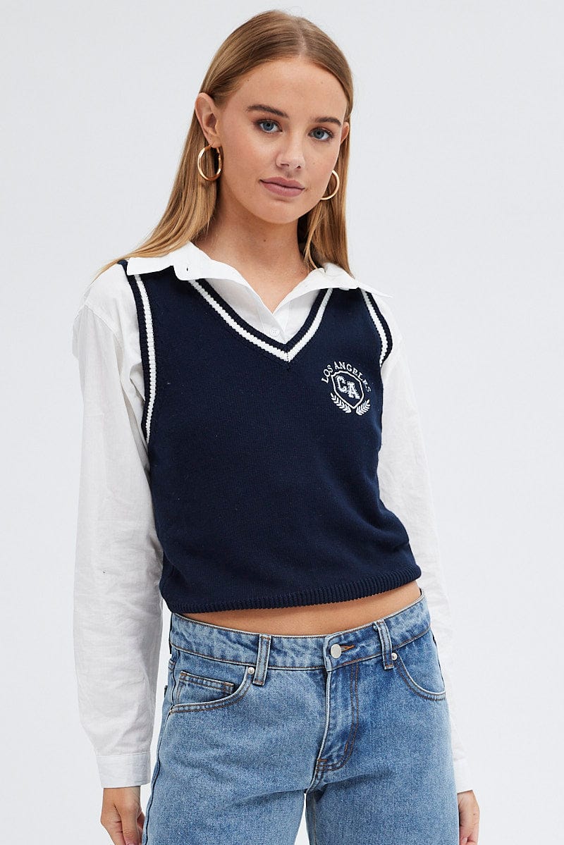 Blue Knit Vest V neck