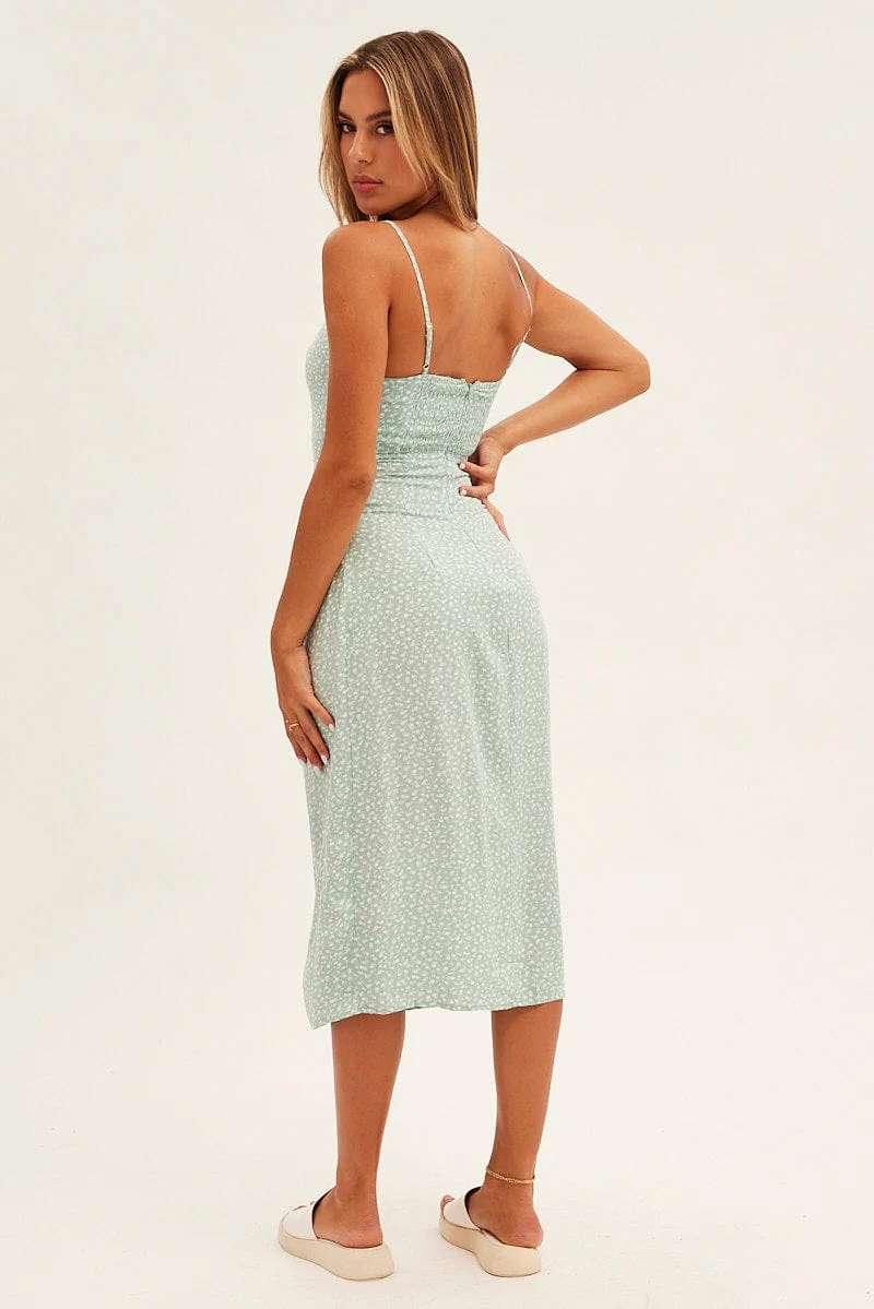 Print Midi Dress Sleeveless Ruched Front