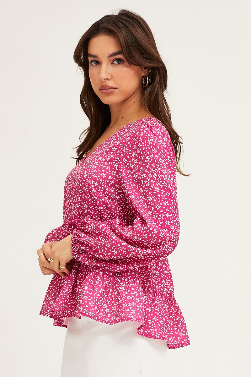 Ditsy Print Ruffle Top Long Sleeve