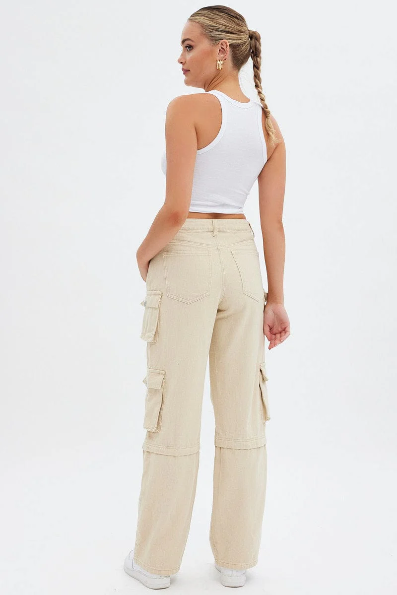 Beige Cargo Denim Jeans High rise