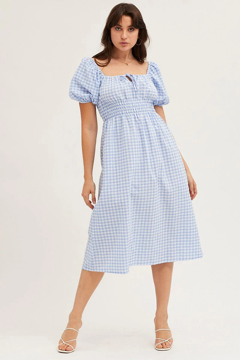Check Dress Short Sleeve Midi Square Neck
