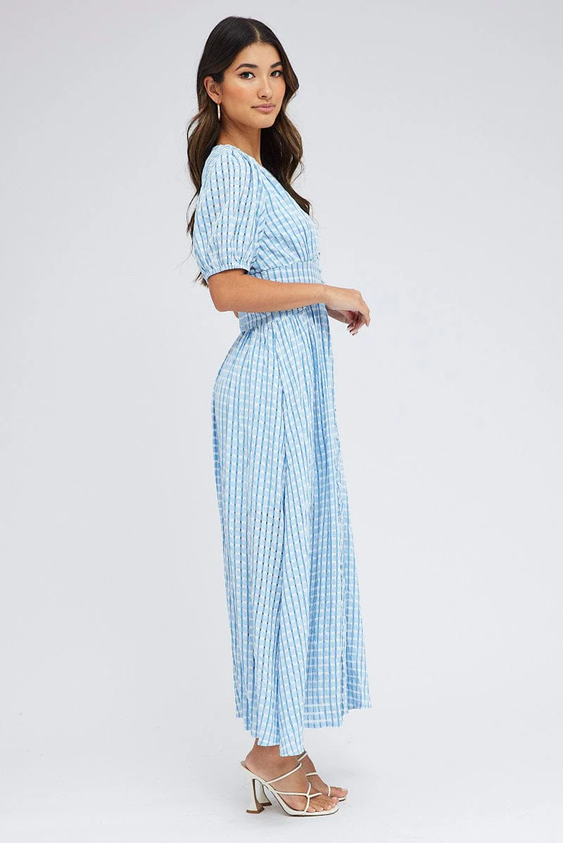 Blue Check Midi Dress Puff Sleeve