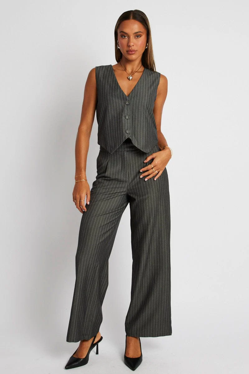 Grey Stripe Wide Leg Pants High Rise