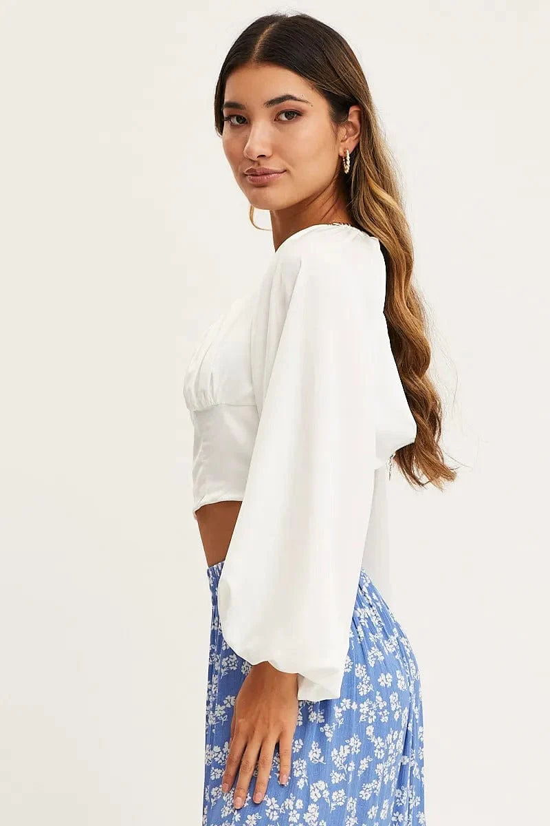 White Puff Sleeve Top Long Sleeve Crop Satin