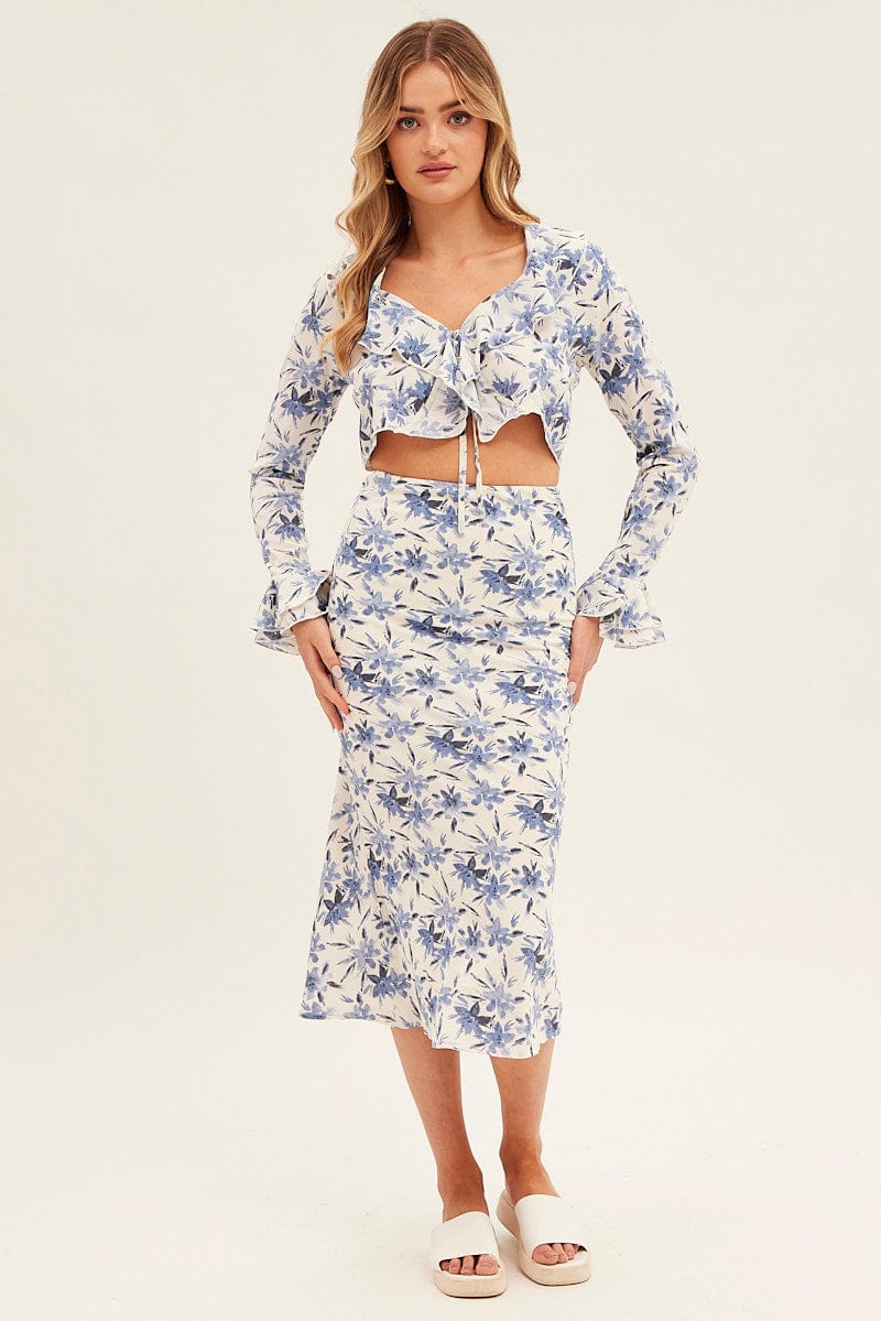 Blue Floral Tie Bolero Frill Top Floral Print