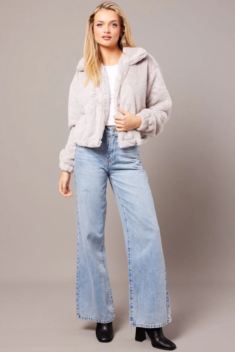 Grey Plush Faux Fur Zip Through Long Sleeve Jacket