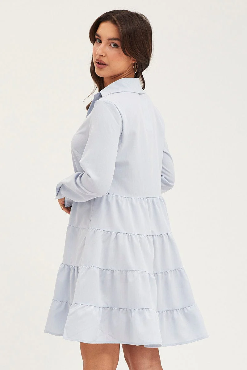 Blue Skater Dress Long Sleeve Mini