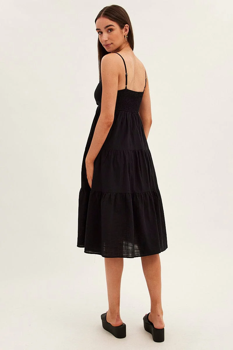 Black Midi Dress Sleeveless Ruched Tiered