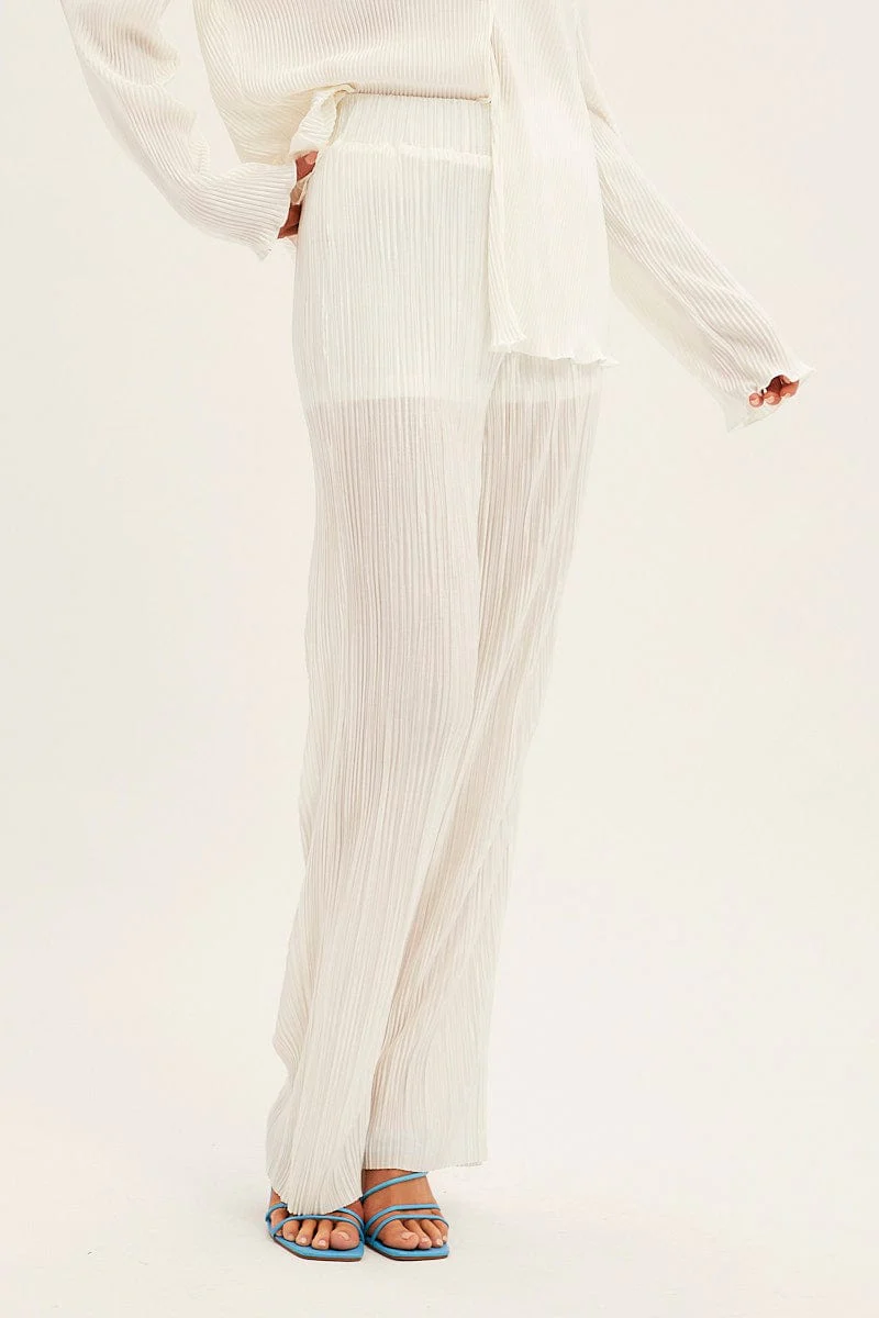 White Plisse Pants Wide Leg