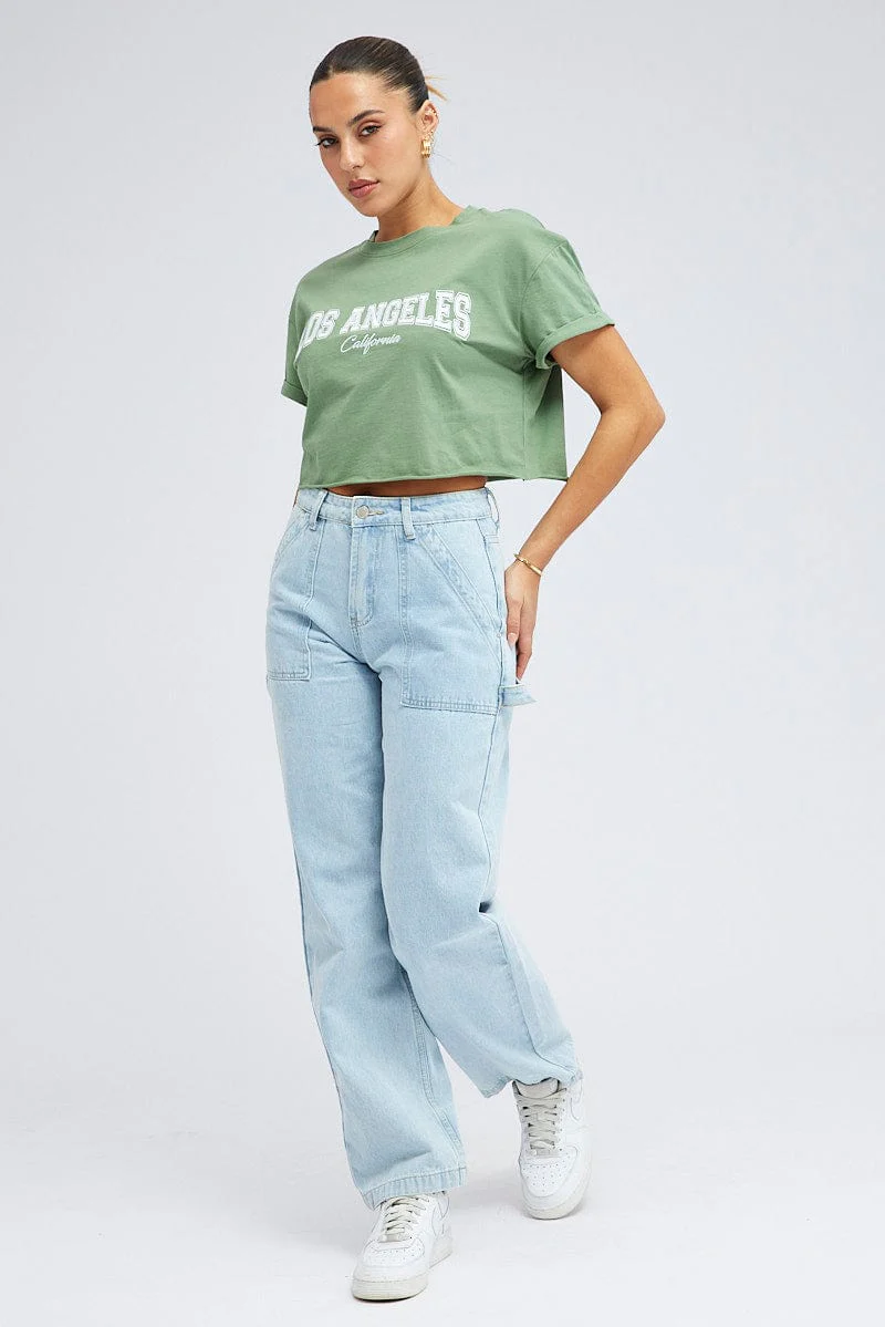 Green Graphic T Shirt Short Sleeve Crew Neck