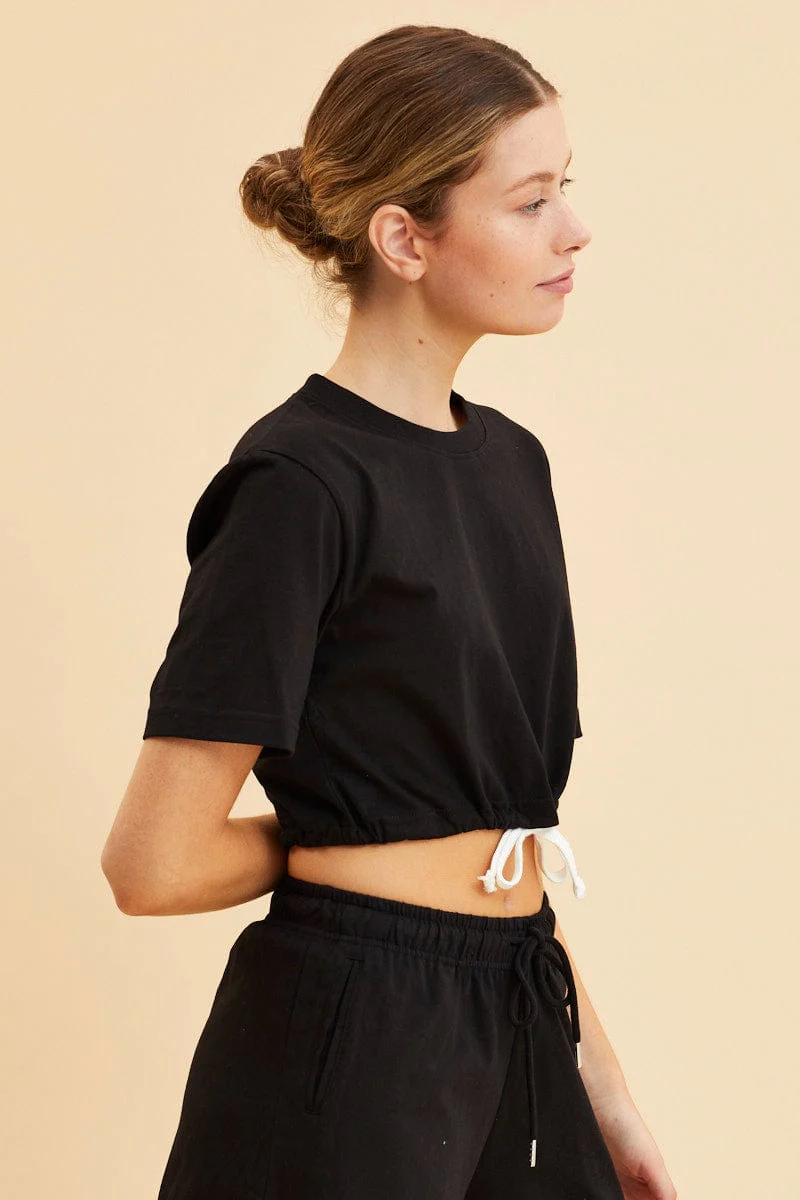 Black Cropped T-Shirt Short Sleeve Drawstring Hem