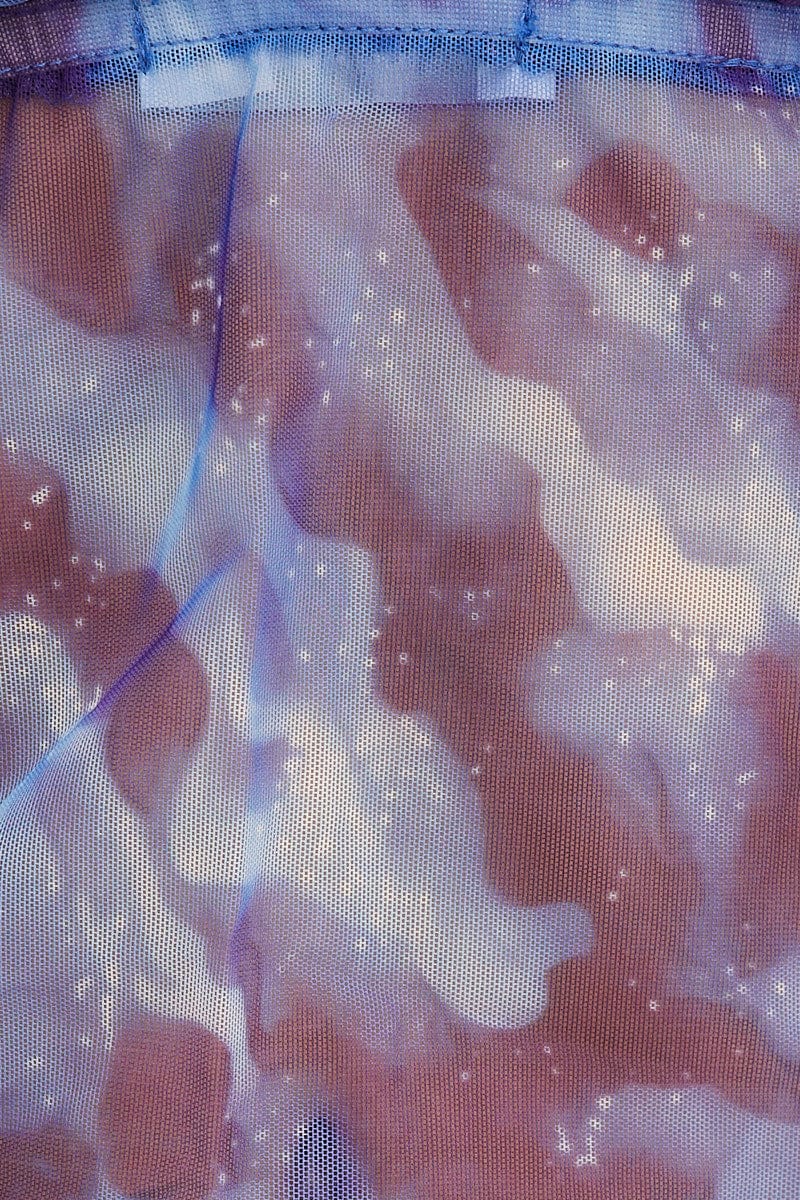 Blue Abstract Crop Top Backless Mesh