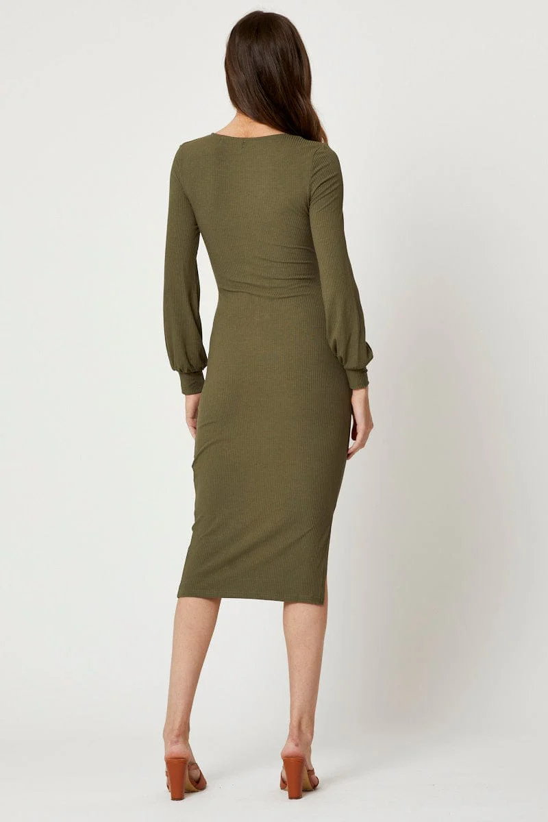 Green Ribbed Drawstring Midi Dress