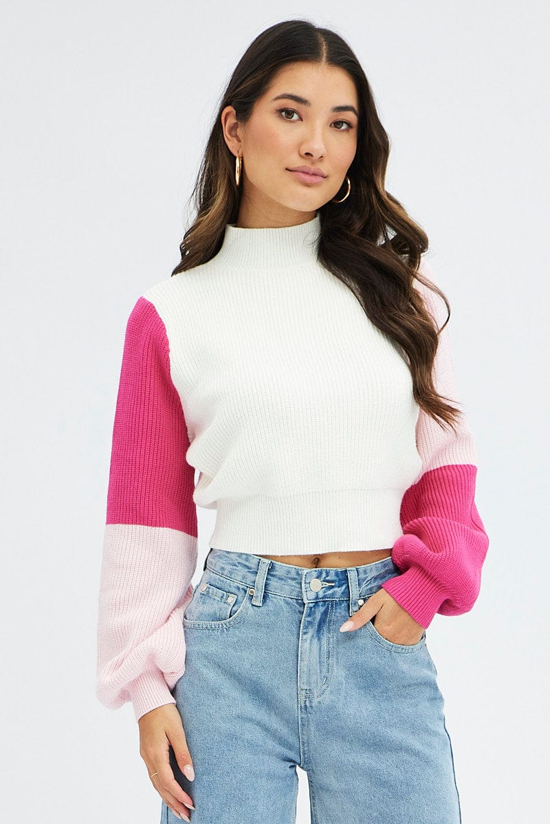 Pink Knit Jumper Colour Block