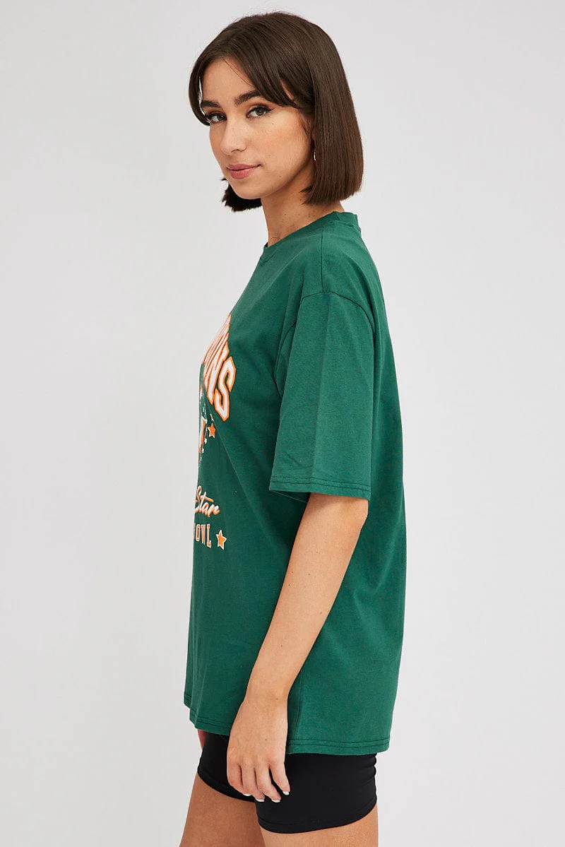 Green Graphic Tee Short Sleeve Oversized Round Neck