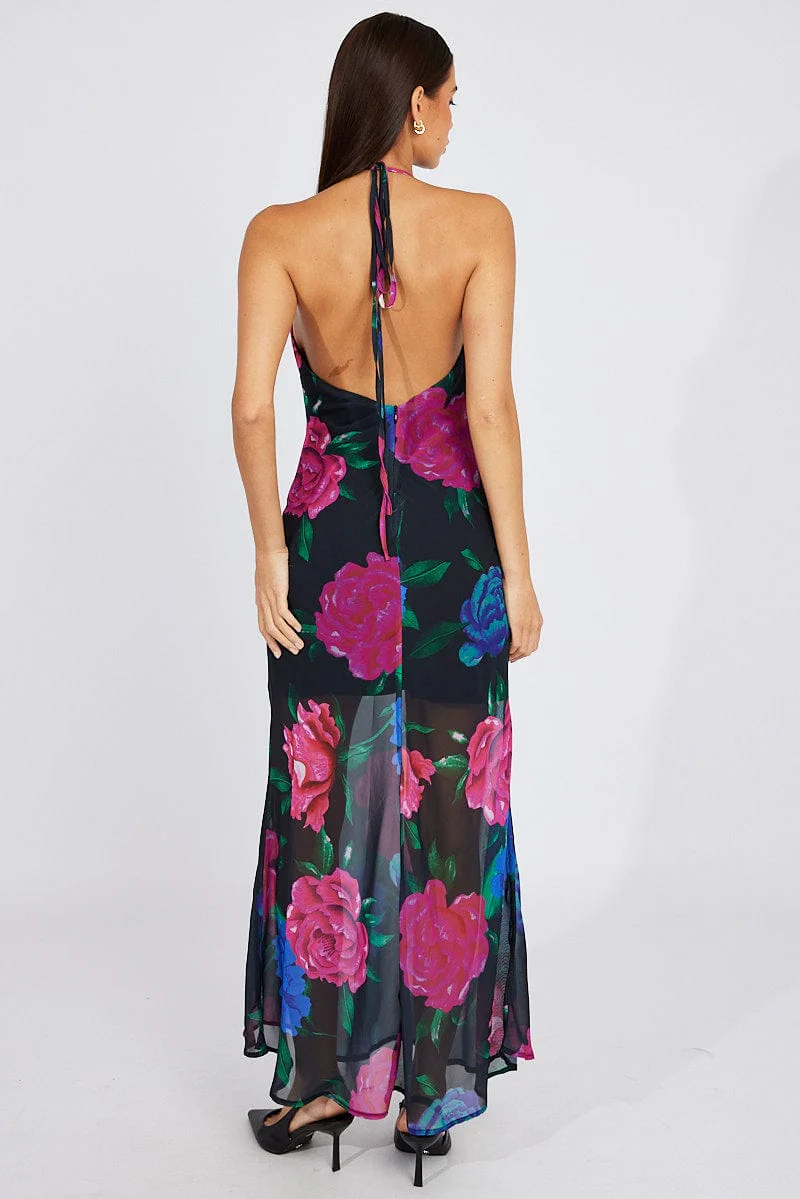Black Floral Bouquet Maxi Halter Neck Mermaid Maxi Dress