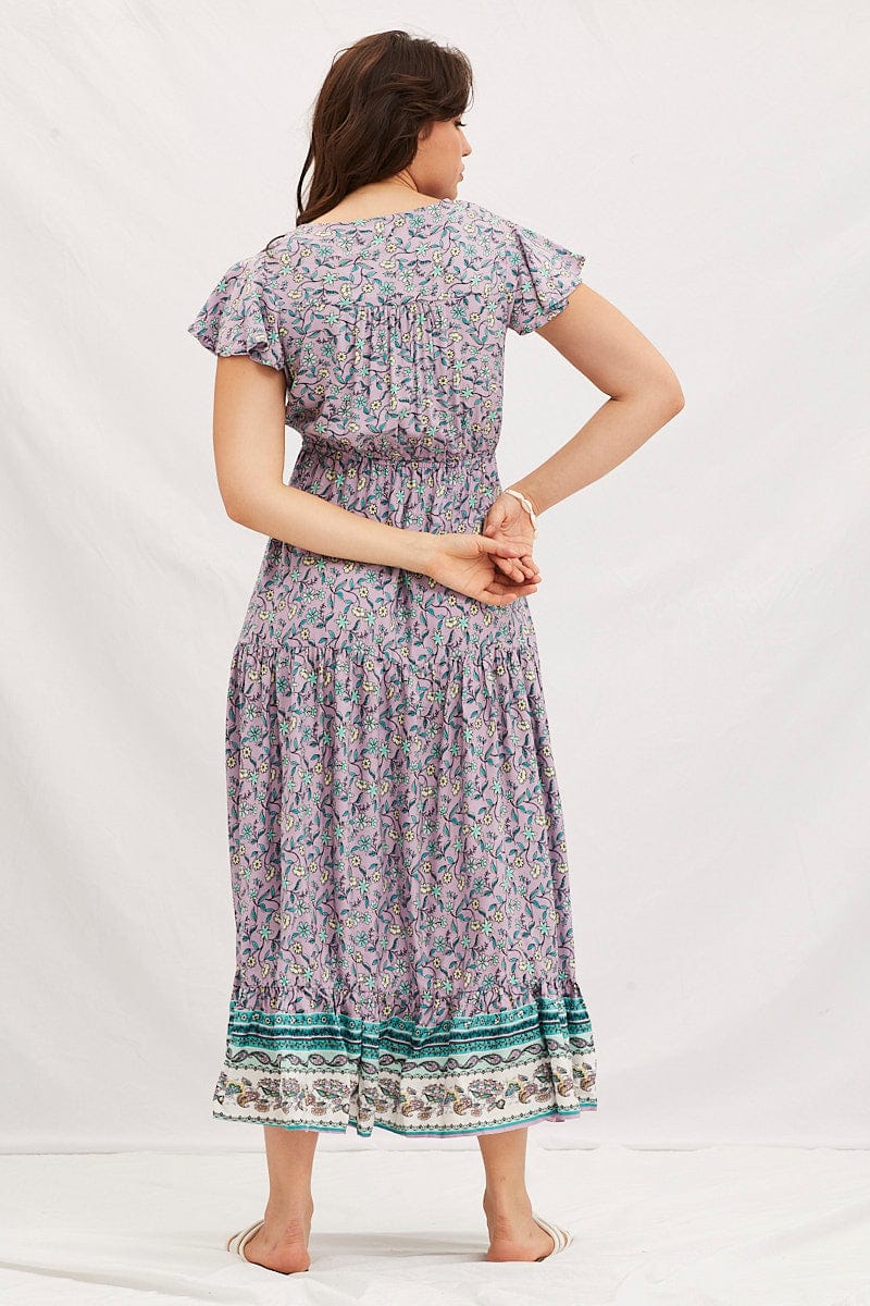 Boho Print V-Neck Short Sleeve Maxi Dress