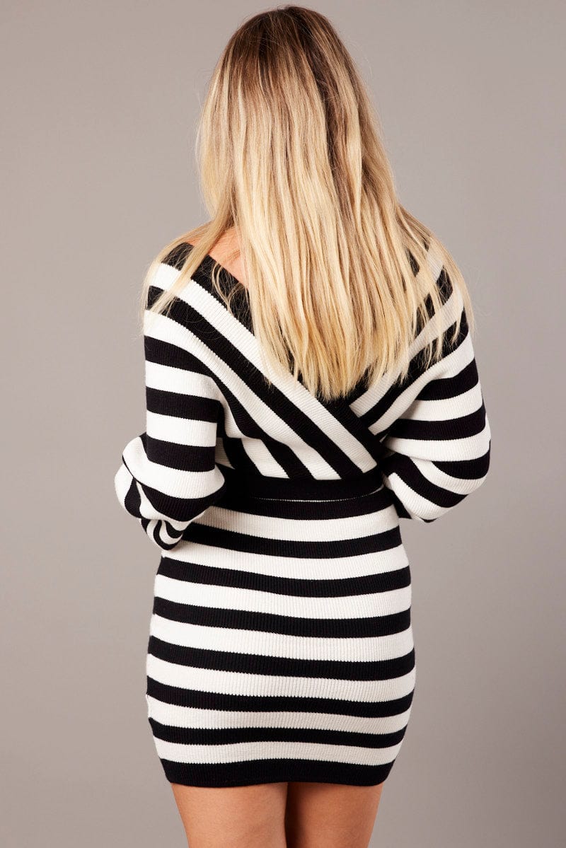 White Stripe Wrap Neck Knit Bodycon Dress