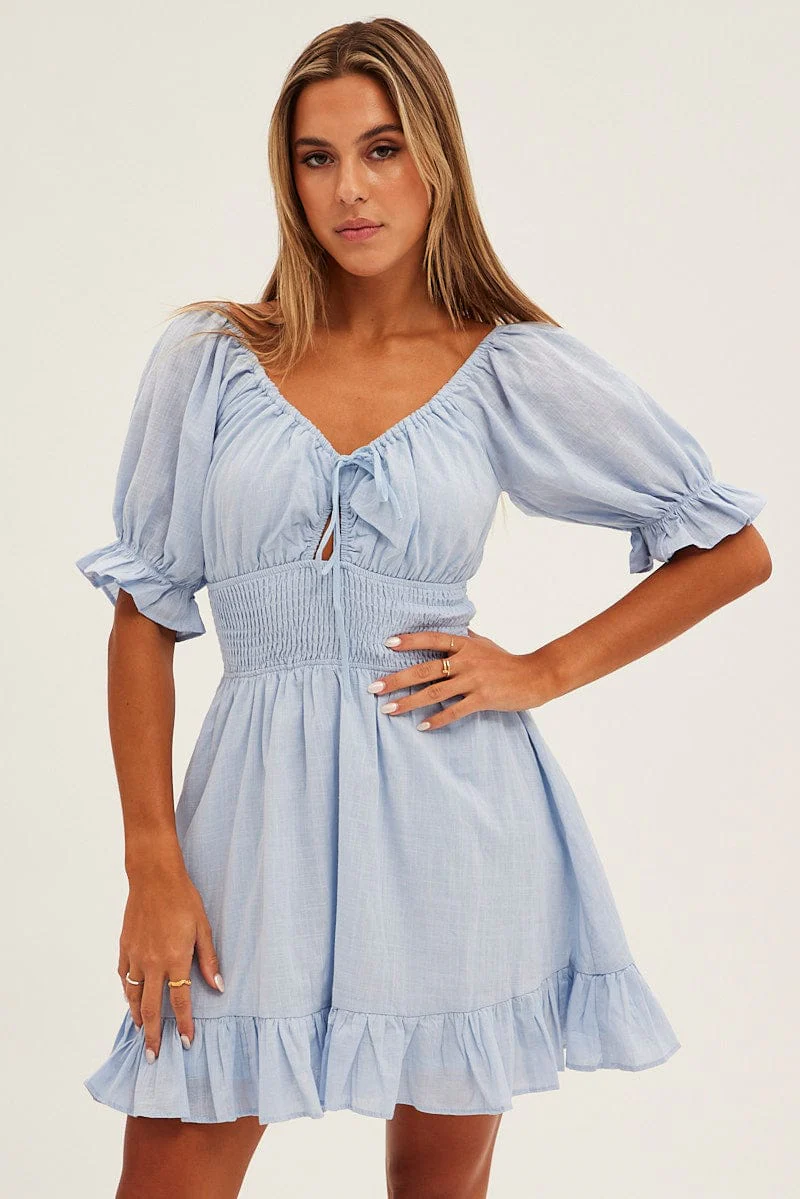 Blue Mini Dress Fit & Flare Puff Sleeve V-Neck